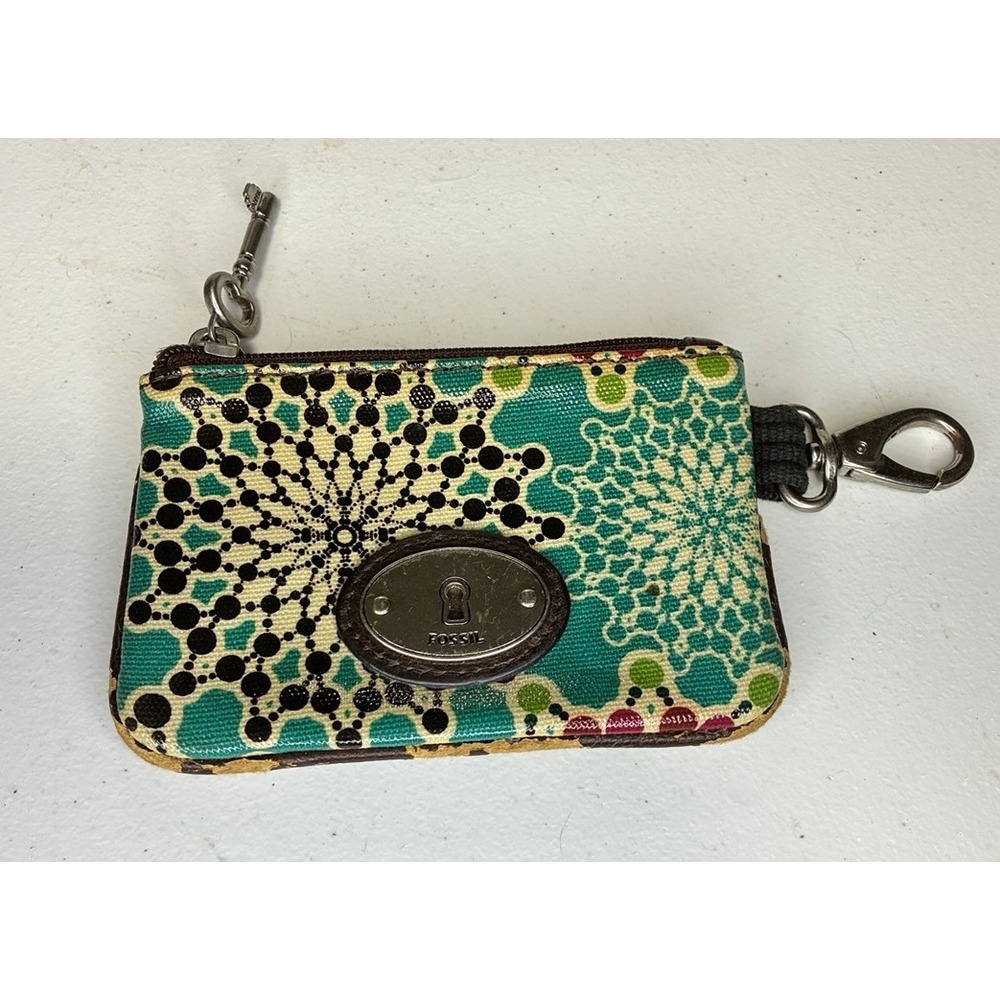 VTG Fossil Key-Per Coin Purse ID Key Pouch Floral Geometric Clip Flaw See Pics